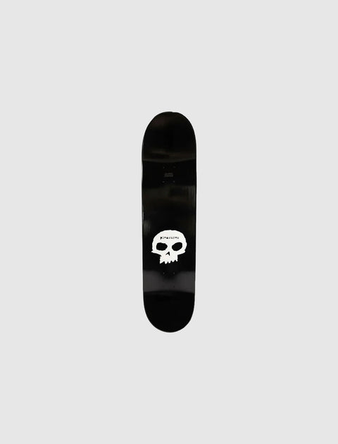 Black skateboard deck with white skull graphic and Pleasures text on gray background