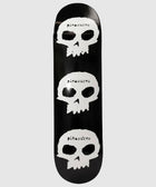 Black skateboard deck with three white skull graphics and pleasures text, streetwear accessory