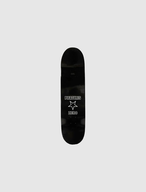 Black skateboard deck with Pleasures Zero star graphic, isolated on grey background