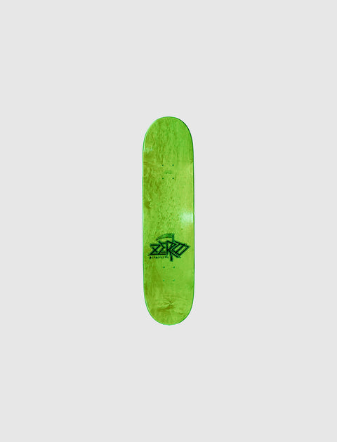Green skateboard deck with black graphic design on a plain light background