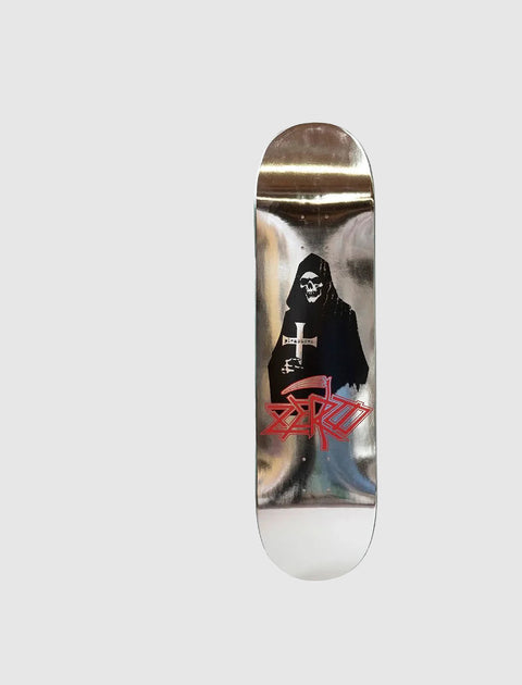 Silver skateboard deck with grim reaper graphic and red graffiti-style text on bottom