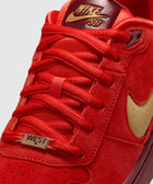 Red Nike SB sneaker close-up with gold swoosh, gold logo, and 'WEST' lace tag