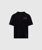 Black men's streetwear t-shirt with 'PLEASURES Too Hot 4 U' text on chest