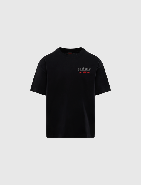 Black men's streetwear t-shirt with 'PLEASURES Too Hot 4 U' text on chest