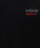 Black streetwear T-shirt with 'PLEASURES Too Hot 4 U' text on chest