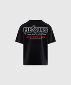 Black streetwear graphic t-shirt with bold print and phone number on the back
