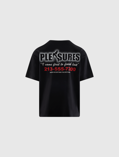 Black streetwear graphic t-shirt with bold print and phone number on the back