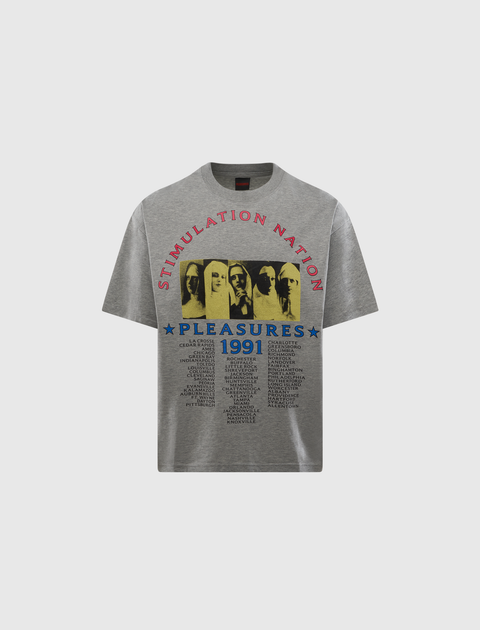 Grey graphic streetwear t-shirt with 'Stimulation Nation Pleasures 1991' print and portrait images