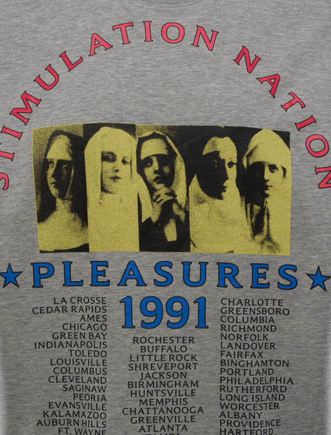 Graphic grey streetwear t-shirt with 'Stimulation Nation,' vintage nun print, and 1991 city tour list