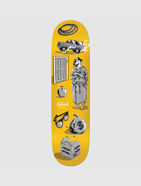 Yellow skateboard deck with illustrated graphics of a car, trench coat figure, sunglasses, money bag, rope, apple, door, and box.