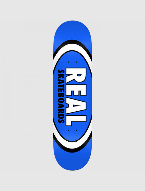 Blue skateboard deck with bold oval logo and black and white accents