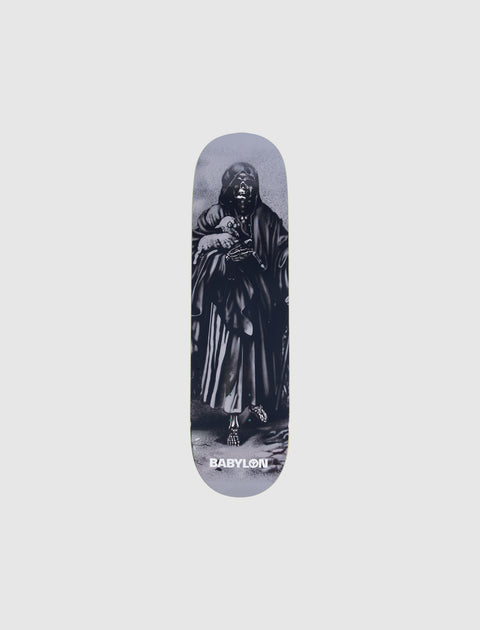 Grey skateboard deck featuring grim reaper graphic and BABYLON logo on white background.