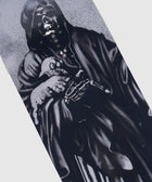 Black skateboard deck with grim reaper skeleton graphic and dark gothic streetwear art