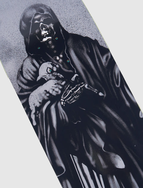 Black skateboard deck with grim reaper skeleton graphic and dark gothic streetwear art