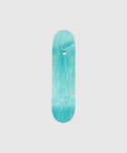 Light blue wooden skateboard deck with natural grain on white background