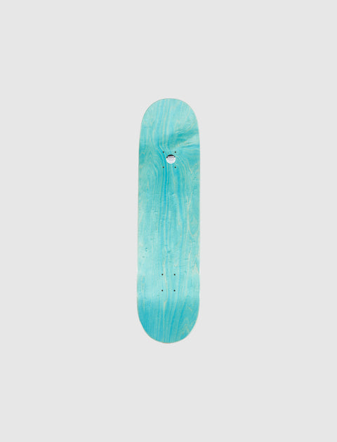 Light blue wooden skateboard deck with natural grain on white background