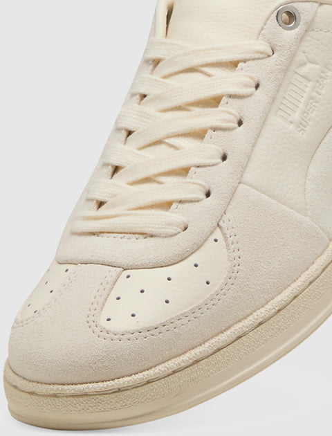 Close-up of beige Puma Super Team sneaker with suede and leather details
