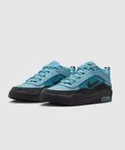 Light blue and black men's sneakers with mesh and suede details on a white background
