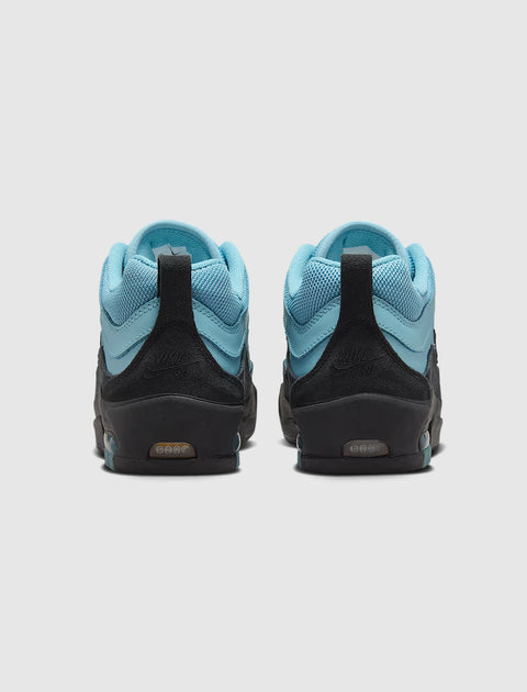 Back view of blue and black Nike Air Max sneakers with turquoise accents on white background