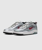 Metallic silver and red men's sneakers with white soles and visible air cushioning