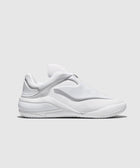 All-white modern low-top men's sneaker with sculpted details on a light gray background