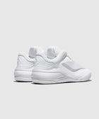 All white low-top sneakers with sculpted sole and textured details, angled rear view