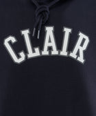 Navy hoodie with 'CLAIR' varsity text and thick drawstrings, streetwear detail shot