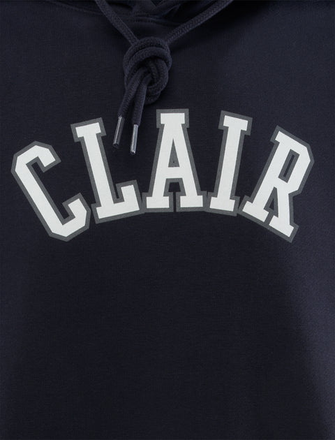 Navy hoodie with 'CLAIR' varsity text and thick drawstrings, streetwear detail shot