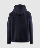 Back view of a plain navy blue men's streetwear hoodie on a light background