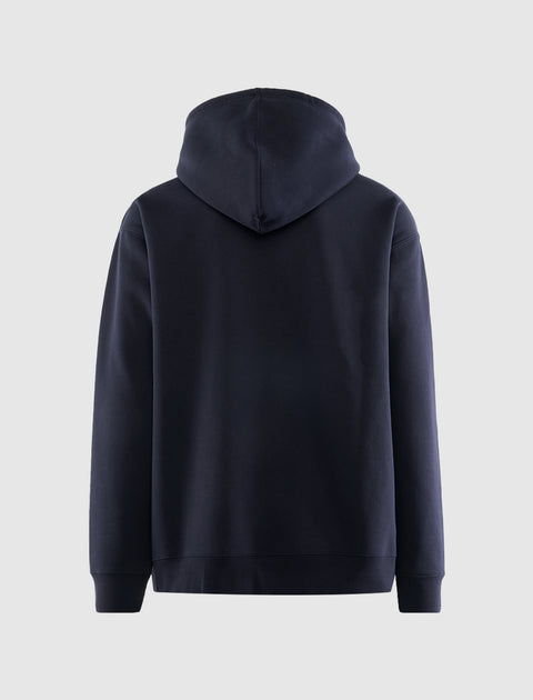Back view of a plain navy blue men's streetwear hoodie on a light background