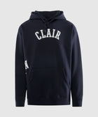 Navy blue men's hoodie with white 'CLAIR' text and kangaroo pocket, streetwear style