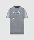 Grey short sleeve streetwear t-shirt with curved white and black 'St Clair' text graphic