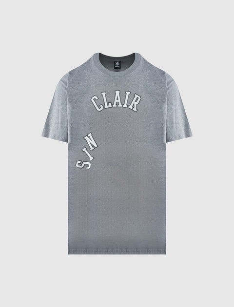 Grey short sleeve streetwear t-shirt with curved white and black 'St Clair' text graphic