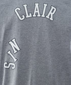 Gray streetwear t-shirt with white arched 'CLAIR' and vertical 'SIN' graphic text