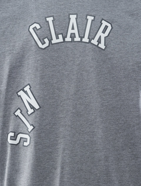 Gray streetwear t-shirt with white arched 'CLAIR' and vertical 'SIN' graphic text