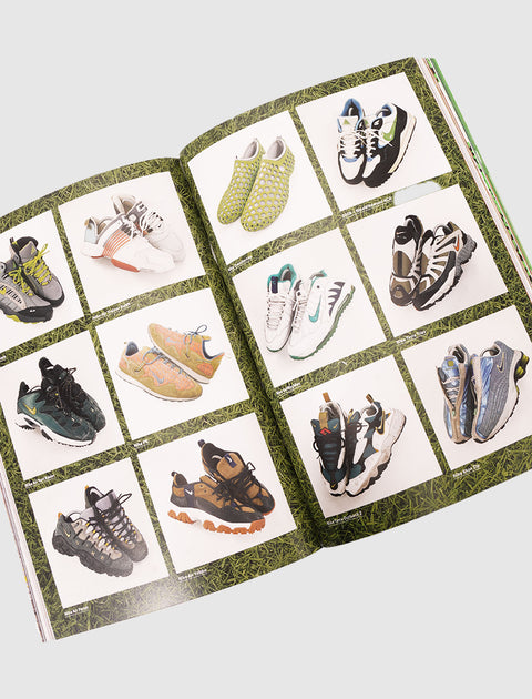 Open magazine displaying various men's sneakers and running shoes on white backgrounds.