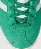 Close-up of green suede sneaker with white stripes and green laces, streetwear shoe