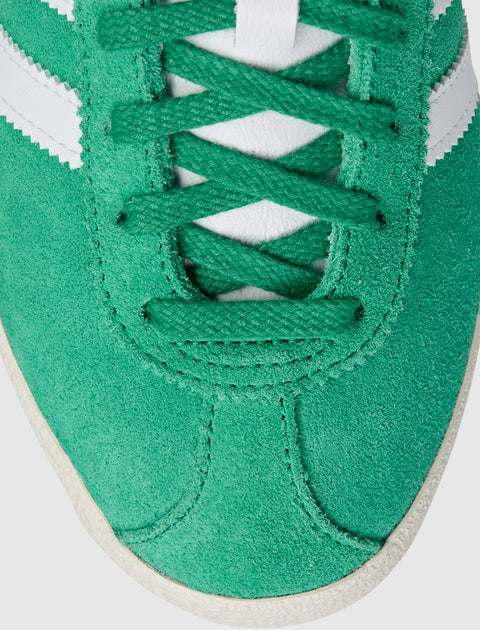 Close-up of green suede sneaker with white stripes and green laces, streetwear shoe
