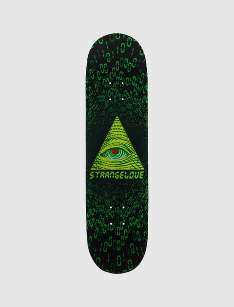 Black skateboard deck with green pyramid eye graphic and matrix-style binary code design