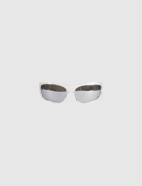 Clear frame sunglasses with dark lenses on plain background