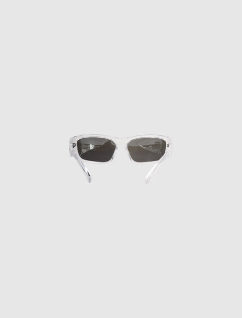 Clear frame sunglasses with dark lenses on white background