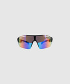 Front view of shield-style sunglasses with rainbow mirrored lenses on white background
