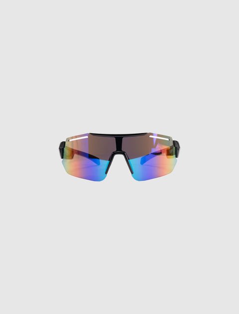 Front view of shield-style sunglasses with rainbow mirrored lenses on white background