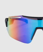 Close-up of men's streetwear sunglasses with mirrored rainbow lens and black frame
