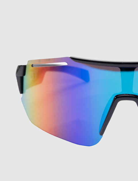 Close-up of men's streetwear sunglasses with mirrored rainbow lens and black frame