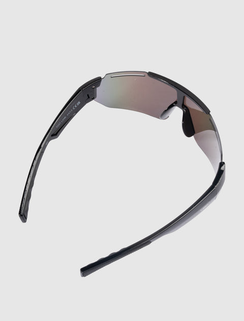 Black wraparound sunglasses with reflective shield lens on a white background
