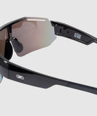 Black wraparound sunglasses with mirrored shield lens and bold side arms