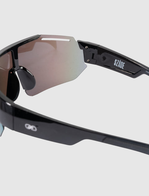 Black wraparound sunglasses with mirrored shield lens and bold side arms