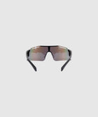 Futuristic mirrored sports sunglasses with black frame on plain background