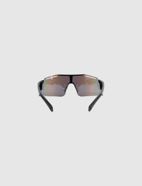 Futuristic mirrored sports sunglasses with black frame on plain background